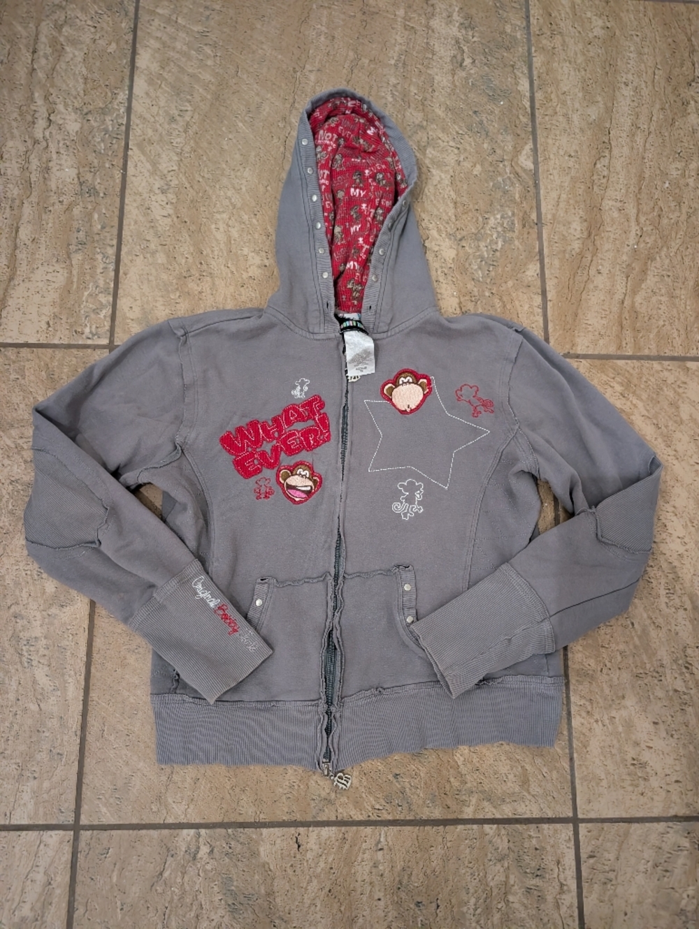 Bobby Jack Grey Zip Up Hoodie with Graphic Print and Patches Girls Medium 7/9